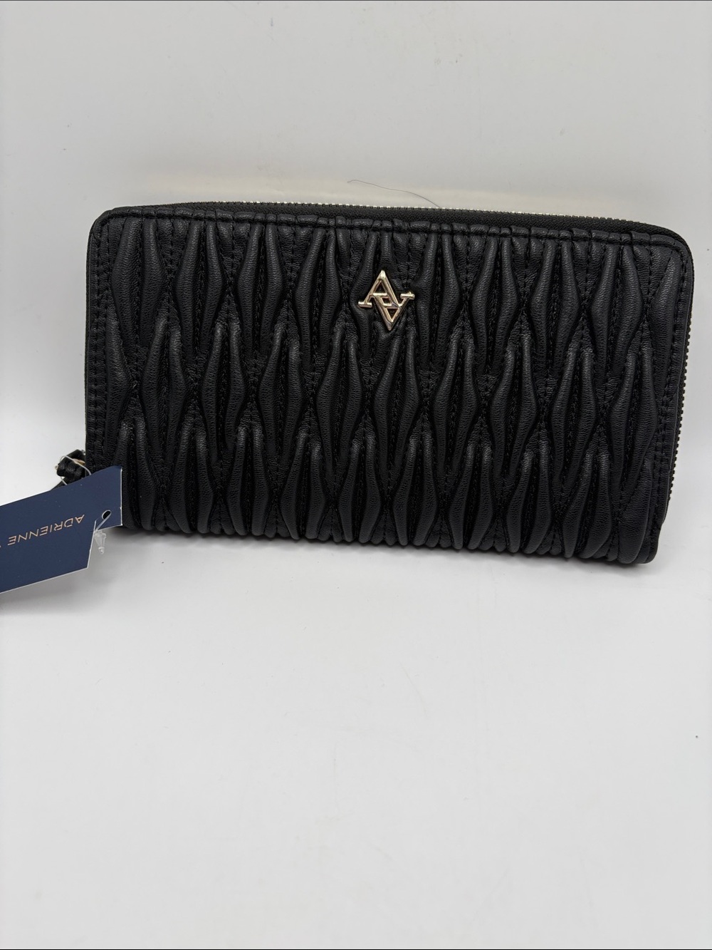 Adrienne Vittadini Black Quilted Zip Wallet/ Wristlet with Gold Logo